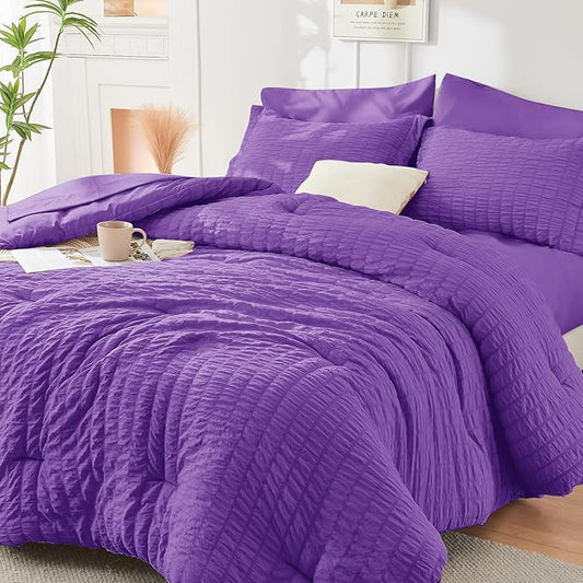 HYMOKEGE Dark Purple Full Size Comforter Sets Seersucker 7 Pieces, All Season Luxury Bed in a Bag for Bedroom, Bedding Set with Comforter, Sheets, Pillowcases & Shams