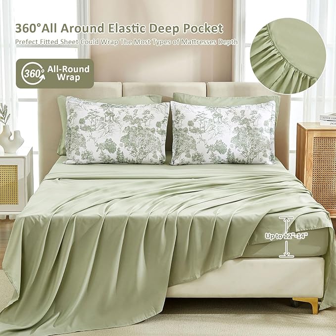 DJY California King Size Comforter Set,Sage Green Botanical Comforters with Sheets Elegant Plants Print Soft Microfiber Reversible Complete Bedding Sets for All Season
