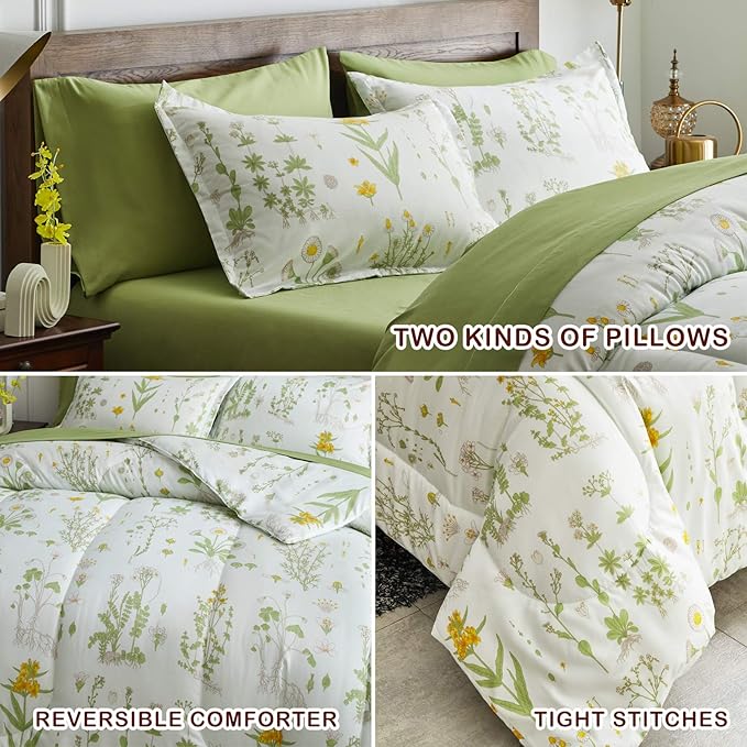Joyreap 7 Piece Botanical Bed in a Bag Queen, Green Leaves Yellow Flower on Green Tint, Smooth Soft Microfiber Comforter Sheet Set for All Season