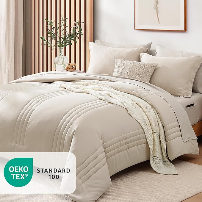 Monbix Super King Size Comforter Set - 7 Pieces Apricot Beige Bed in a Bag Super King Bedding Sets with Comforters, All Seasons Comforter Bed Set with Sheets,Pillowcases & Shams