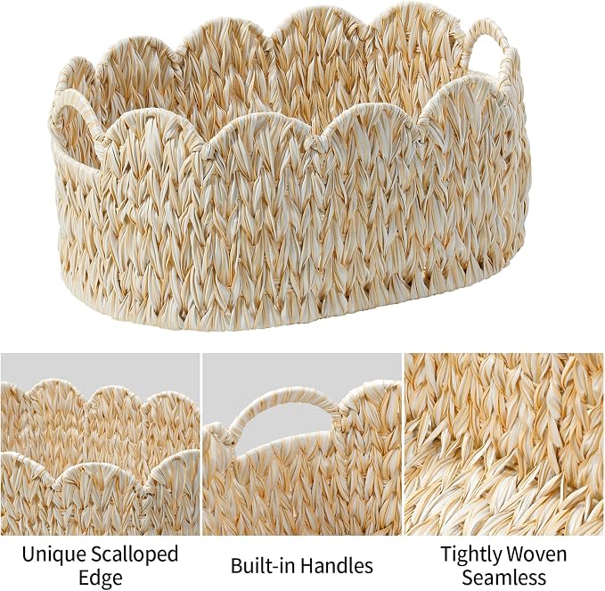 Coeusy Wicker Scalloped Basket Set of 2,Woven Storage Baskets for Shelves,Closet,Laundry,Gifts,Towels,Books,Toys,Waterproof Boho Decor Basket for Organizing - Image 7