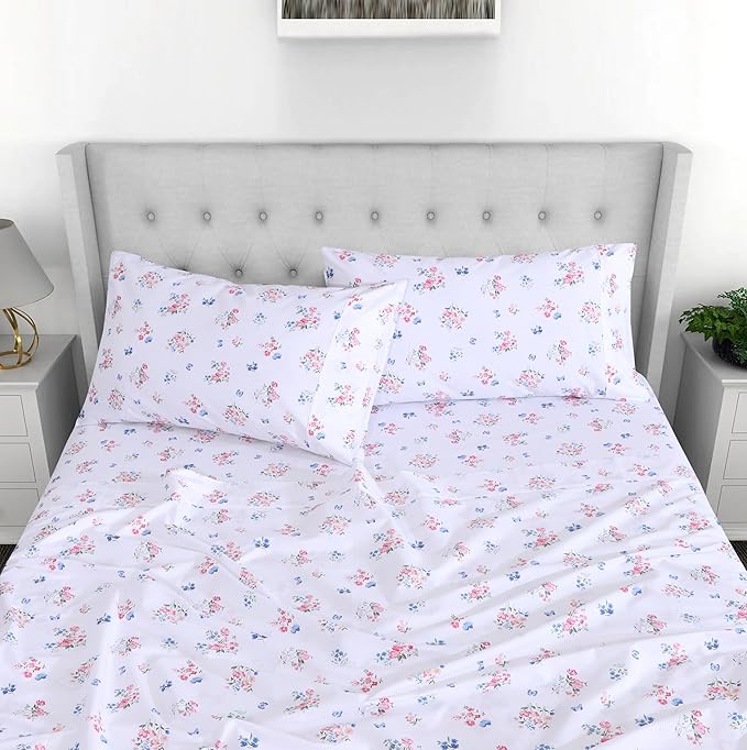 RUVANTI 100% Cotton Sheets – Split King Size Percale Bedding, Cooling & Breathable Floral Design, Durable with a Crisp, Soft & Comfortable Feel, 16" Deep Pocket, 5-Piece Set, Funa Flora