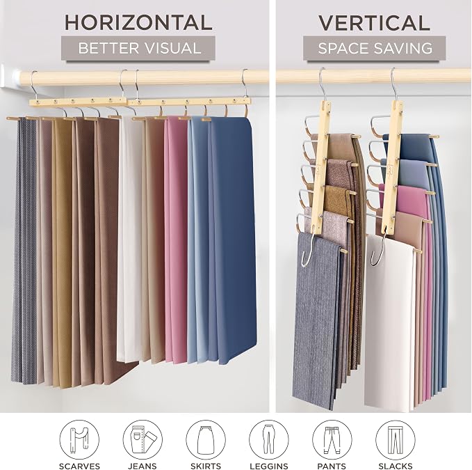 MORALVE Pants Hangers Space Saving - 4 Pack European Beechwood Scarf and Jean Hangers - Closet Organizer and Space Saver Pant Rack, Leggings Hanger, and Scarf Holder with 360° Swivel Hook - Image 4