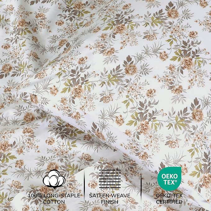 Feather & Stitch Printed 500 TC Queen Size 4pc Damask Bed Sheet Set, 100% Soft Cotton Breathable Bedsheets, 18" Deep Pockets Sateen Weave Striped Bedding Mattress Resort Hotel Luxury - Rose Floral