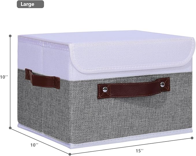 ANMINY 4PCS Storage Boxes with Lid Washable Decorative Storage Bins Basket with PU Leather Handle Foldable Linen Fabric Storage Cubes Containers for Home Closet Organizer - Gray White, Large Size - Image 5