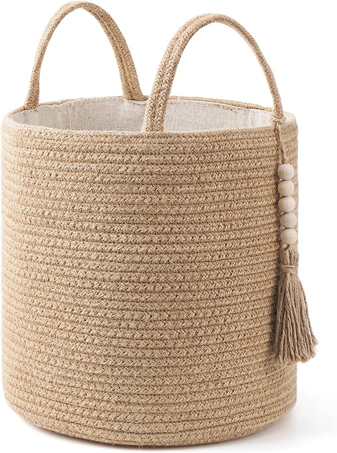Mkono Woven Storage Basket Decorative Natural Rope Basket Wooden Bead Decoration for Blankets,Toys,Clothes,Shoes,Plant Organizer Bin with Handles Living Room Home Decor (Brown, 28 x 28cm) by Mkono