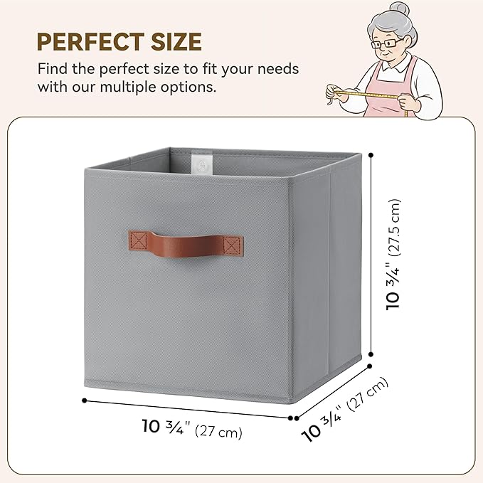 GRANNY SAYS 11 Inch Cube Storage Bins, 6 Pack Foldable Cube Storage Organizer, Fabric Storage Bins with PU Handle, Clothing Storage Baskets for Shelves, Closet, Grey, 6-Pack - Image 3