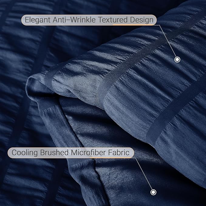 MUXHOMO 7 Pieces California King Comforter Set, Seersucker Bed in a Bag Cal King Size, All Season Luxury Bedding Set with Comforter, Flat Sheet, Fitted Sheet, Pillowcases & Shams, Navy Blue