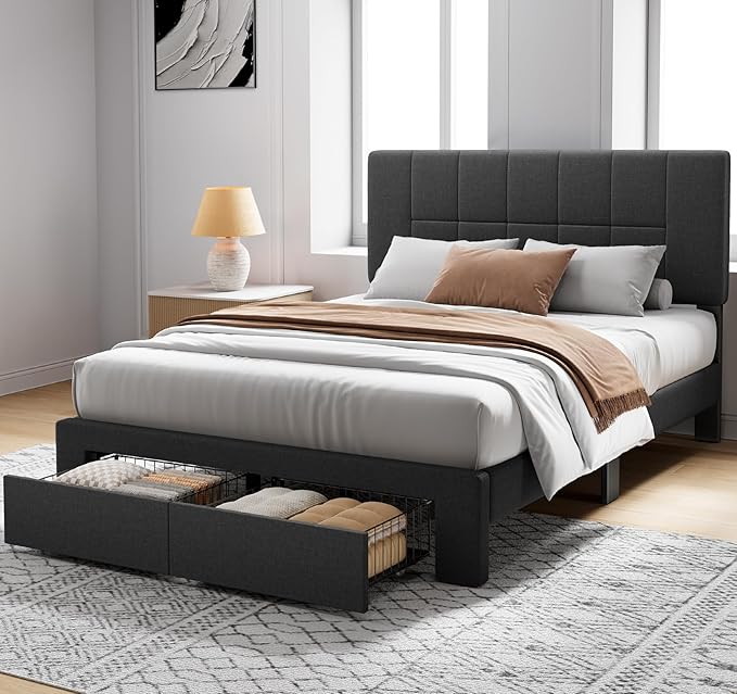 Pipishell Queen Bed Frame with 2 Storage Drawers, 12 Sturdy Legs, Solid Wooden Bed Base with Upholstered Headboard for 6″ to 12″ Mattresses, 1300 lbs High Weight Capacity, Easy Assembly, Dark Gray