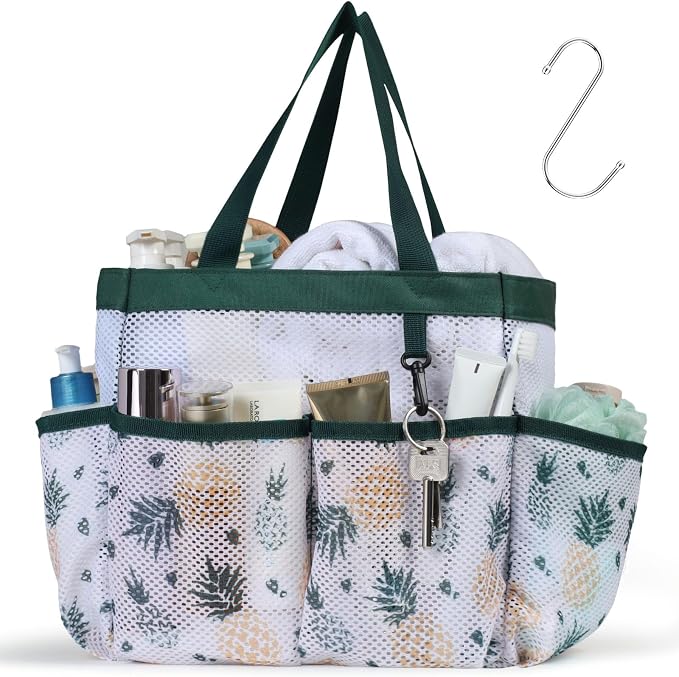 F-color Shower Caddy Portable - Mesh Shower Bag Basket Tote for College Dorm Room Essentials Bathroom Gym Camp Quick Dry for Women Men with S Hook, Green Pineapple by F-color