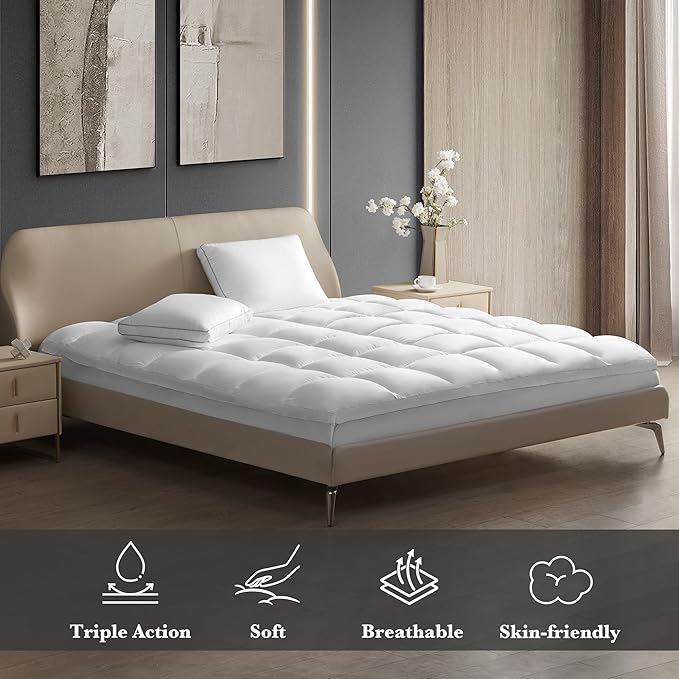 Hotel Grand Pillow Top Mattress Topper Queen Size - Waterproof Mattress Protector Quilted Fitted Mattress Pad Cover with 8-20 Inch Deep Pocket Down Alternative Fill (60x80 inch, White)