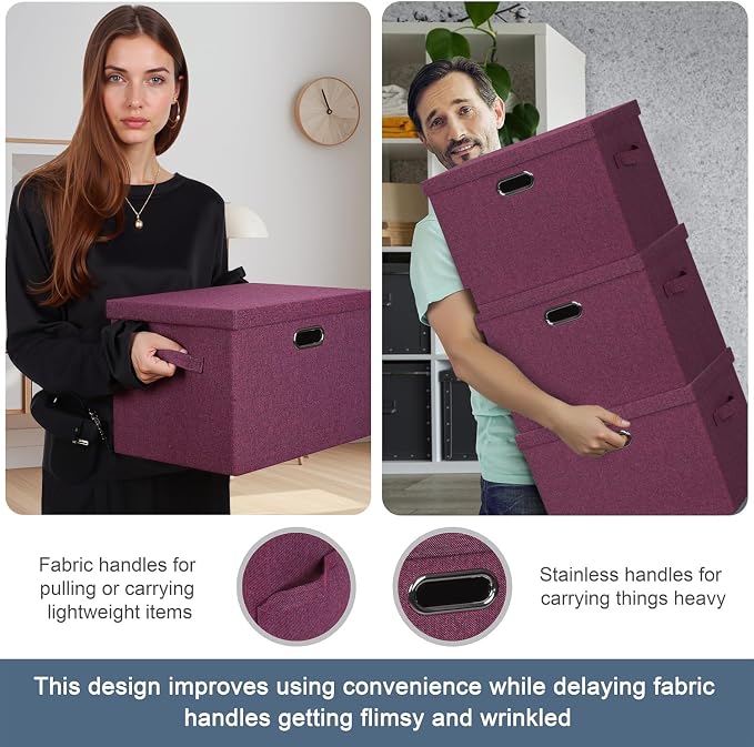 Graciadeco Large 17" 36 Quart Collapsible Stackable Storage Bins with Lids, 3 Packs Purple Linen Fabric Closet Boxes with Lids, Storage Cube Baskets Container Organizers for Bedroom Office (17x12x11) - Image 5