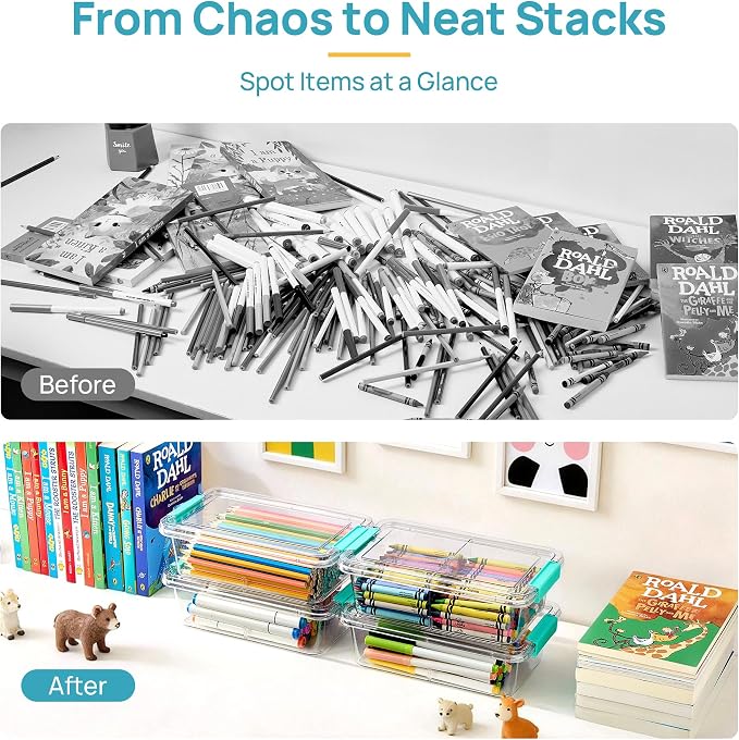 Vtopmart 8 Pack 1.5Qt Clear Pencil Box with Removable Divider, Plastic Pencil Case Crayon Box, Stackable Storage Containers with Lid for Pen, Art Craft, Back to School Teacher Supplies - Image 4