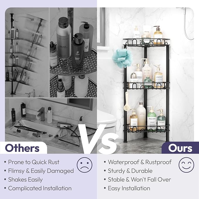 SWTYMIKI Standing Shower Caddy Corner - 3‑Tier Stainless Steel Shower Organizer Shelf with 12 Hooks and Adhesive Pads, Rustproof Corner Shelves Stand Rack for Bathroom Shower Room, Black - Image 2