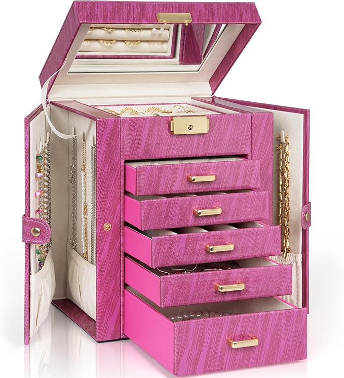AKOZLIN 6-Tier Jewelry Box Lockable Leather Jewelry Storage Case with 5 Drawers for Women Girls Ring Necklace Earring Bracelet Holder Organizer with Mirror Rose by AKOZLIN