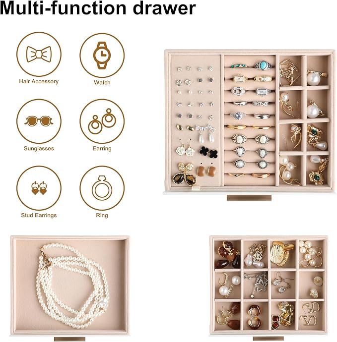 Frebeauty Clear Lid Jewelry Box,3-Layer Jewelry Organizer with Drawer,PU Leather Jewelry Organizers and Storage,Jewelry Boxes for Women,Jewelry Storage for Rings Earring Stud,Gift for Women(Beige) - Image 5