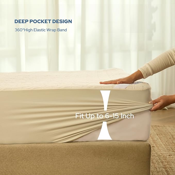 BEDLORE Waterproof Mattress Protector, Twin XL Size Mattress Pad with Deep Pocket 6"-15" Depth, Soft Breathable Bed Mattress Cover for Bedroom, College Dorm (Beige)