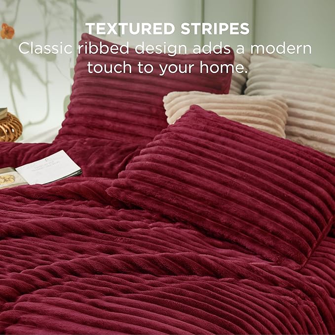 Bedsure Full Size Comforter Sets - GentleSoft™ 3 Pieces Double-Side Fleece Fluffy Dark Red Comforter Set, Cozy Striped Room Decor Aesthetic, Luxury Full Size Bedding, 2 Pillowcases, 82x86 Inches