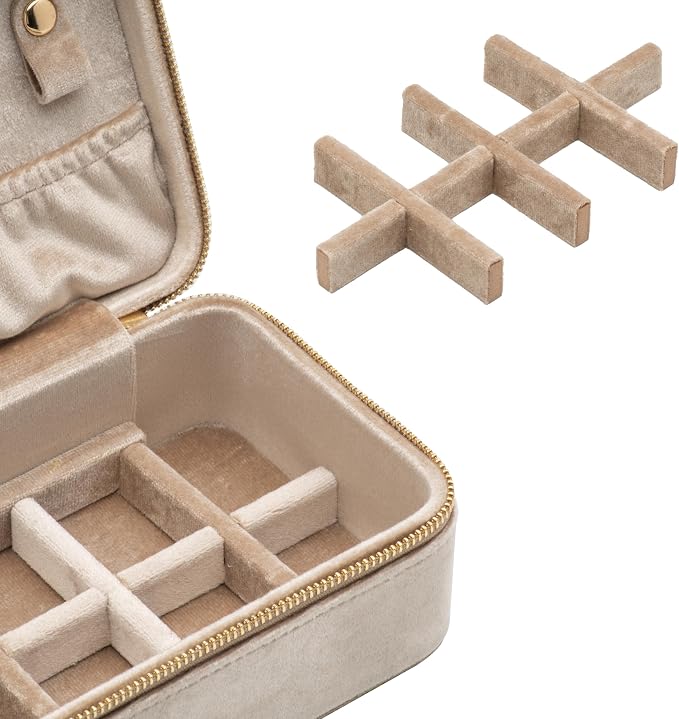 Velvet Travel Jewelry Organizer Box with Zipper Around Portable Accessory Display Tray Holder Storage Case for Multiple Earrings Rings Necklaces Bracelets (Beige) - Image 3