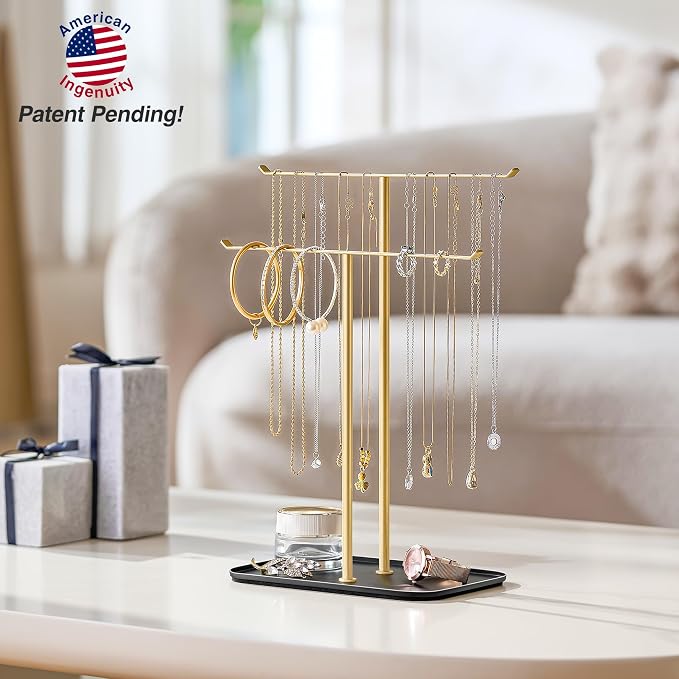 pickpiff Necklace Holder Jewelry Organizer Stand – 2‑Tier T‑Bar Jewelry Display Tree with Tray for Countertop Necklace Bracelet Earring Storage, Vanity Dresser Bathroom Sink, Black-Gold - Image 5