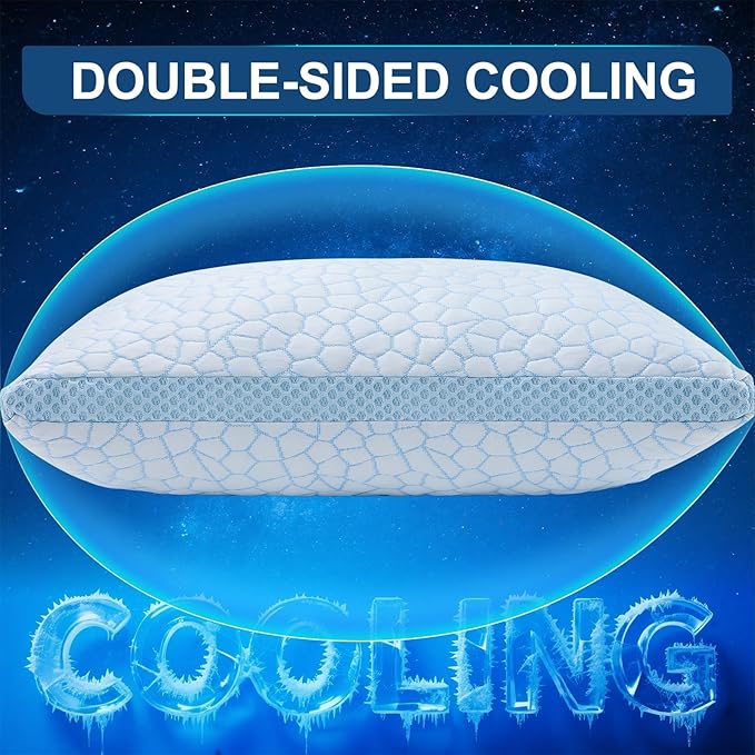 QUTOOL Enhanced Cooling Pillows for Sleeping, CertiPUR-US Shredded Memory Foam Pillows Standard Size Set of 1 for Hot Sleeper, Adjustable Pillow for Side, Back, Stomach Sleepers Support Yet Soft, Blue