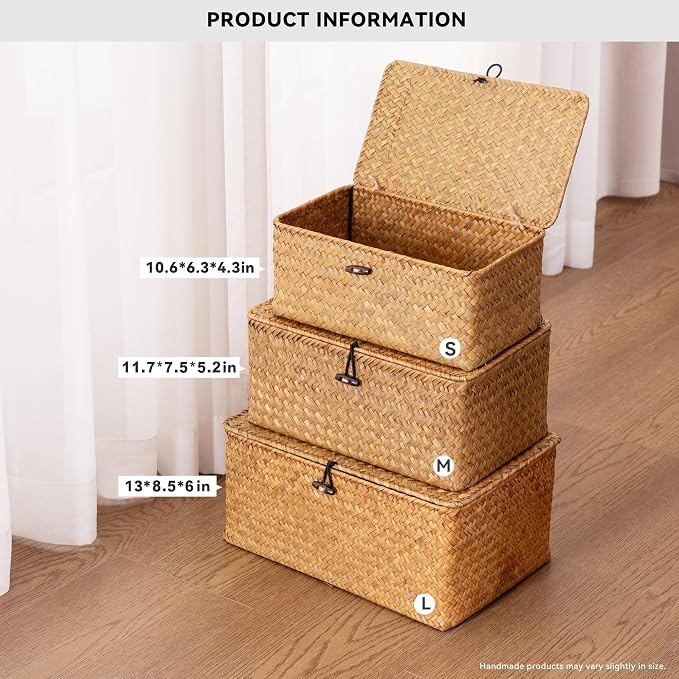 Nonam Storage Basket with Lid, Natural Seagrass Bin with Lid Set of 3, Shelf Baskets Multipurpose Container for Boho Decoration, Rectangular Household Storage Boxes for Home Organization-Natural - Image 2