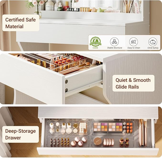 Driftalia Small Vanity Desk with Mirror and Lights, Makeup Vanity with Storage Drawer, 2 Shelves and 3 Compartments - White