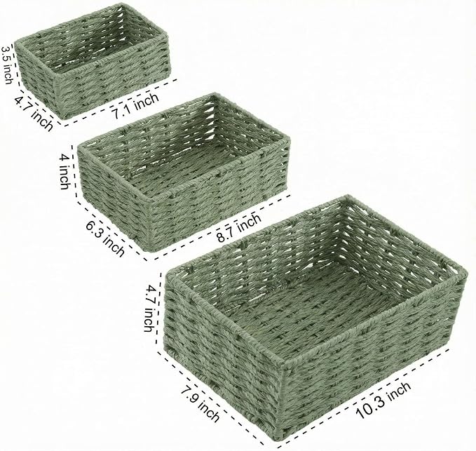 Small Wicker Basket for Organizing, Woven Storage Basket Set of 3 - Handwoven Natural Paper Rope Baskets to Declutter Any Room, Perfect for Organizing and Home Decor (Green) - Image 6