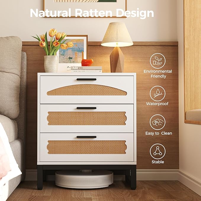 Mericonia 3 Drawer Rattan Dresser for Bedroom, Wood Dresser for Closet with Metal Handles, Small Boho Nightstand Sets, Dressers & Chests of Drawers for Bedroom, Hallway and Entryway, White