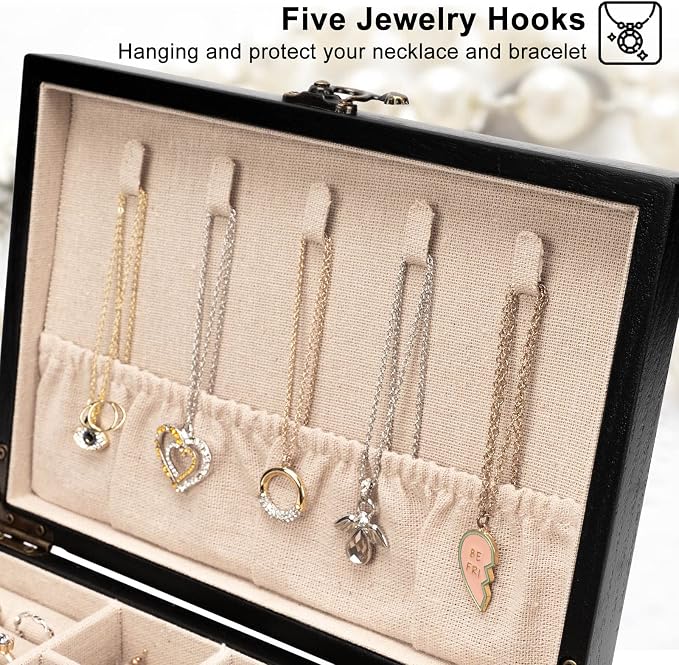 Pinzoveco Jewelry Box for Women, Rustic Wooden Jewelry Organizer Box for Storage Earrings Rings Necklace Bracelet, Farmhouse Style Wood Jewelry Boxes & Organizers (Black) - Image 4