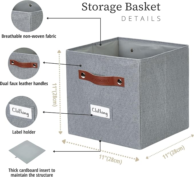 DECOMOMO Storage Bins, Cube Storage Bin with Labels, Fabric Storage Cubes for Shelves (11" / 6pcs, Texture Grey) - Image 3