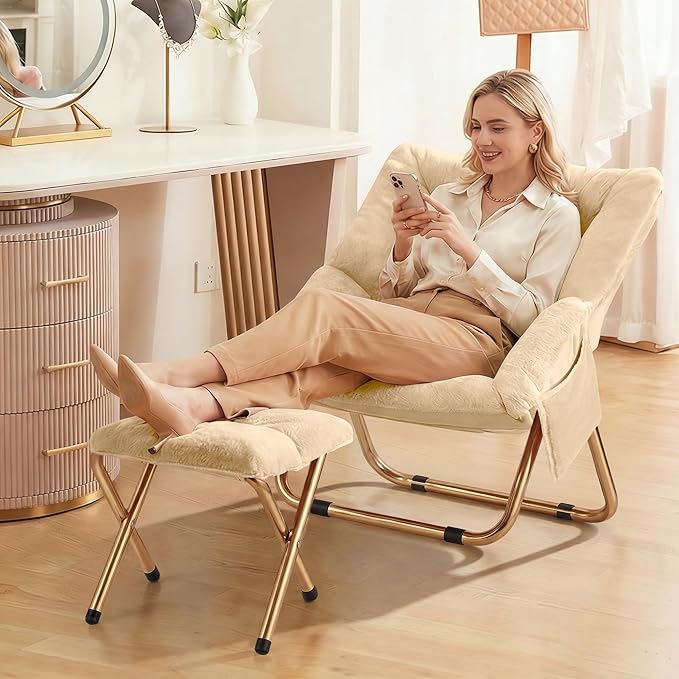 Kasunpul Comfy Saucer Chair, Foldable Living Room Chairs, Soft Faux Fur Lounge Chair for Bedroom, Reading Chairs for Adults, Teens, X-Large (Beige)
