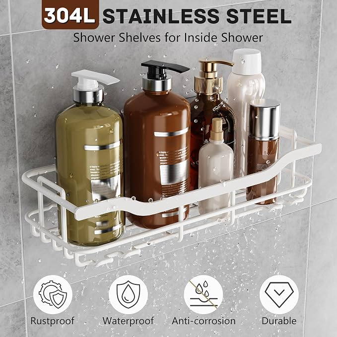 OMAIRA 3-Pack Shower Caddy with Soap Holder, Adhesive Rustproof No-drill Strudy Loading Inside Shower Organizer Shelves Rack Storage Bathroom Organization for Smooth Wall Glass Tile, White (X-Large) - Image 5