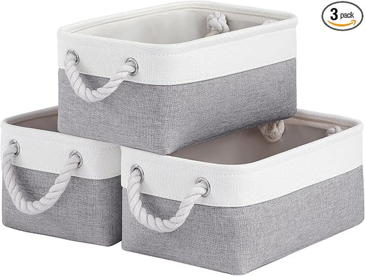 Storage Baskets for Shelves 11.8x7.9x5.2 Inch, Foldable Fabric Storage Bins with Handles, Small Storage Baskets for Organizing Closet, Office, Home Organization (3-Pack, White&Gray) by VQRTEXAStorageBasket