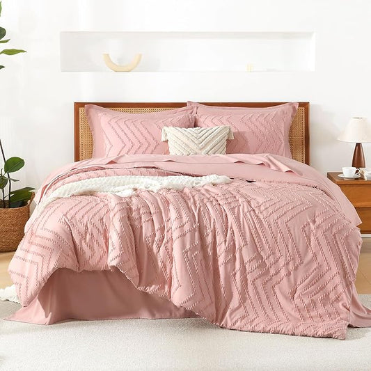 Litanika Blush Pink California King Size Comforter Set with Sheets - 7 Pieces Bed in a Bag California King Boho Tufted Complete Bedding Sets with Comforter, Sheets, Pillowcases & Shams