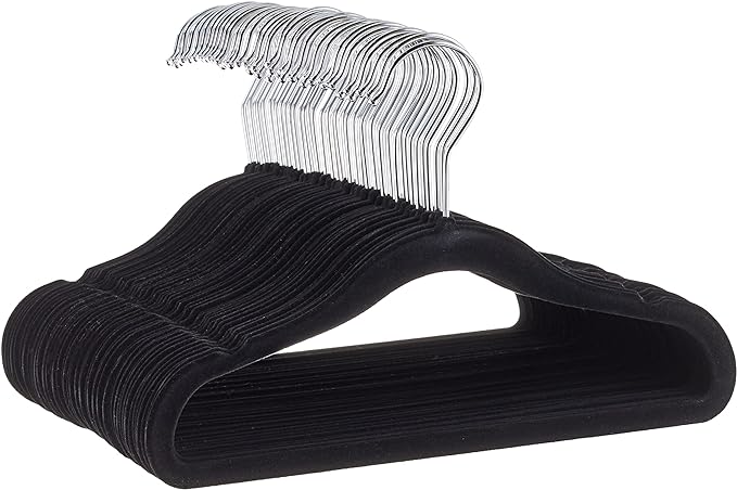 Amazon Basics Kids Space Saving Velvet Non-Slip Clothes Hangers with Shoulder Notches for Infant and Toddler, 11.6", Black, 50-Pack by AmazonBasics