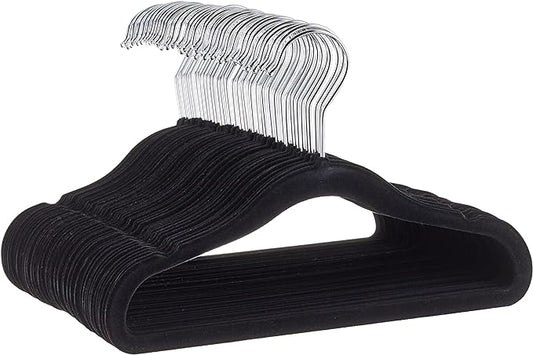 Amazon Basics Kids Space Saving Velvet Non-Slip Clothes Hangers with Shoulder Notches for Infant and Toddler, 11.6", Black, 50-Pack by AmazonBasics