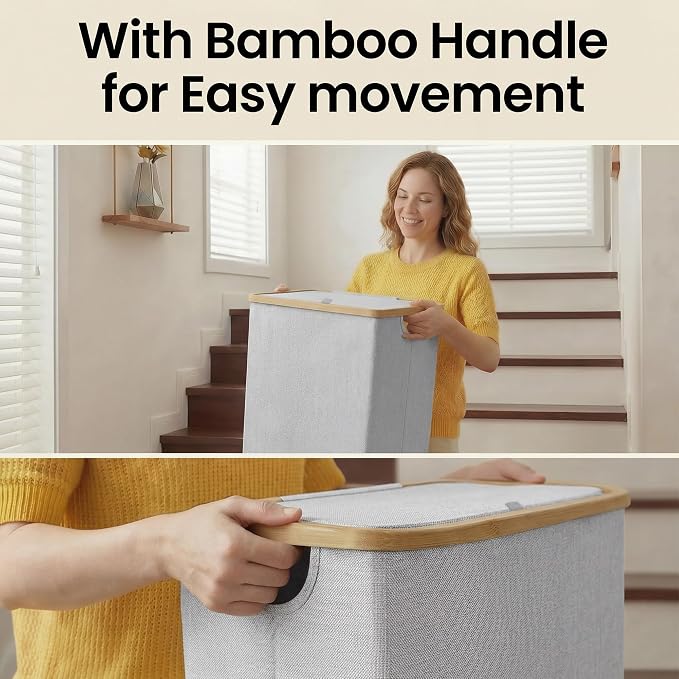 efluky Slim Laundry Basket with Lid, Narrow Laundry Hamper with Removable Bag, Skinny Dirty Clothes Basket with Bamboo Handles for Bathroom, Bedroom & Laundry Room, 75L Light Grey - Image 6