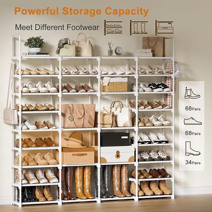 WOWLIVE 4 Row 9 Tiers Extra Large Shoe Rack Big Tall Metal Shoe Shelf, Heavy Duty Organizer for Closet Entryway, Boot Rack Storage Stackable Stand for Garage White - Image 5
