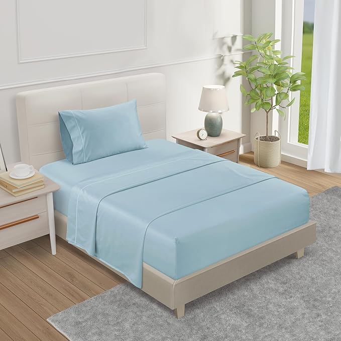 CHATEAU HOME COLLECTION 800 Thread Count 100% Egyptian Cotton Sateen Weave Twin XL Sheets Set, 15" Deep Pocket Light Blue Sheets Twin, Soft & Comfy Machine Washabe Luxury Blue Bedding