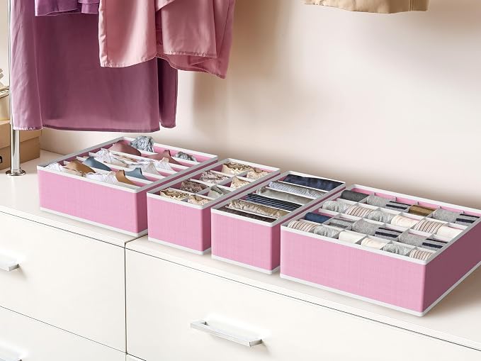 Simple Houseware 4-Pack Drawer Organizer Set - Closet Dividers for Underwear, Socks, Bras, Scarves, Ties - Foldable Non-Woven Storage Boxes, Pink - Image 7