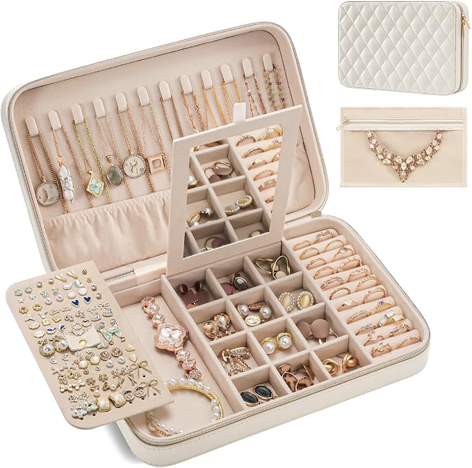 Lolalet Travel Jewelry Case for Women Girls, Travel Jewelry Organizer Box with Mirror & Clear Storage Bag, Small Portable Earring Necklace Bracelet Ring Case, Birthday Valentine Gifts -Large, White by Lolalet