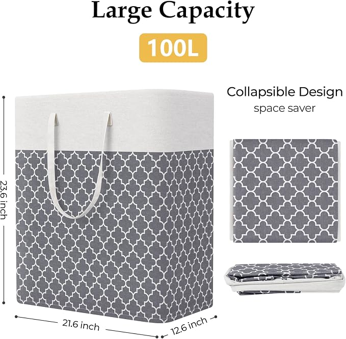 StorageRight Laundry Basket Hamper Large Collapsible Laundry Hamper with Easy Carry Handles，Freestanding Clothes Hampers for Laundry, Bedroom, Dorm, Clothes, Towels, 100L, Clover Grey - Image 2