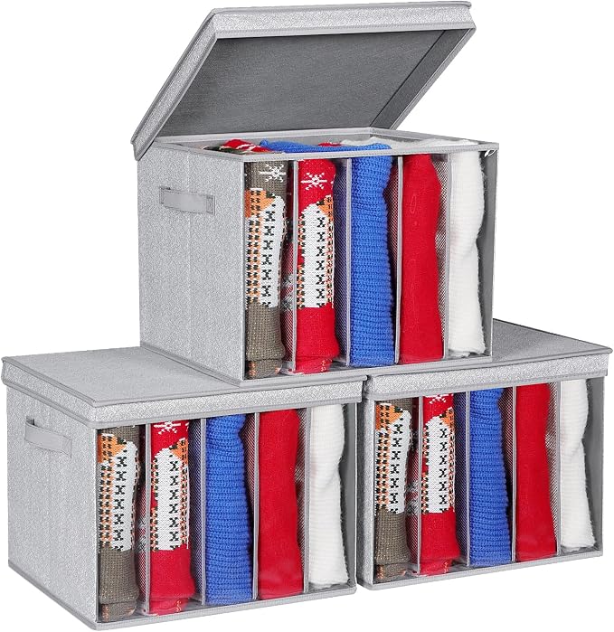 Zilink Upgraded Sweater Storage for Closet Shelf with Lids and Support Boards Clothes Organizer for Closet with 5 Grids Divider Sweater Organizers for Sweaters, Jeans, Pants, Grey Pattern, 3 Pack by Zilink