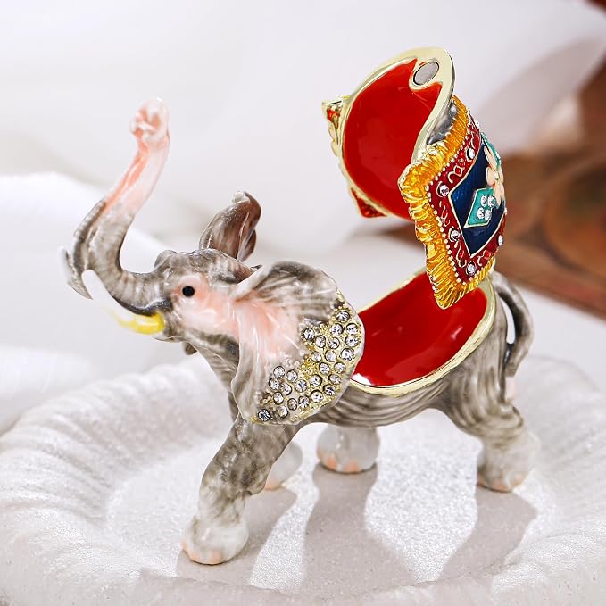 Hand Painted Animal Trinket Box for Home Decor, Hinged Jewelry Organizer Storage, Unique Personalized Collectible Keepsake Figurine Handmade Decorative Ornament Gifts (Lucky Elephant) - Image 3