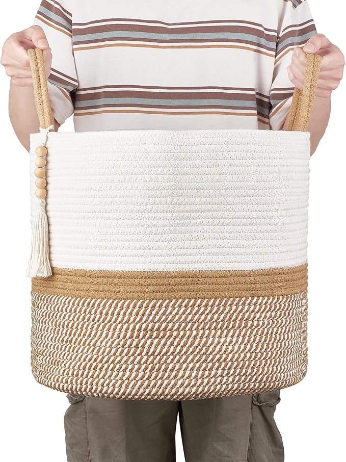 Mkono Woven Storage Basket Decorative Natural Rope Basket Wooden Bead Decoration for Blankets,Toys,Clothes,Shoes,Plant Organizer Bin with Handles Living Room Home Decor, 16"W×13.8"L, White and Brown - Image 4