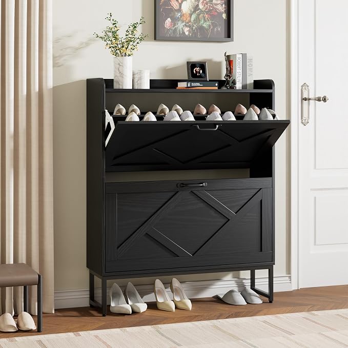 Nicetree Shoe Storage Cabinet with 2 Flip Drawers, Freestanding Shoe Organizer, Shoe Cabinet with Metal Legs, Farmhouse Slim Shoe Cabinet for Entryway, Foyer, Hallway, Black by Nicetree