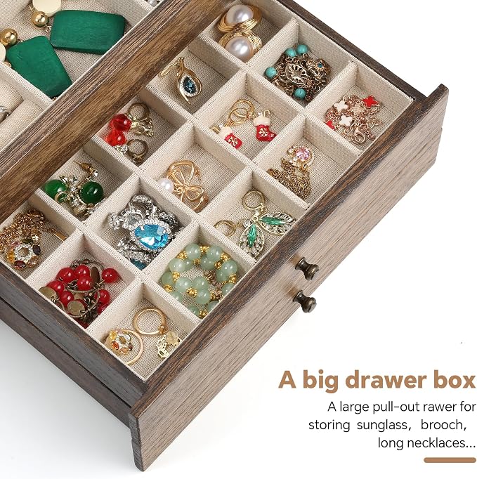 Meangood Jewelry Box Organizer for Women, 3 Layer Large Jewelry Storage Case, Rustic Wooden Jewelry Box with Mirror & Ring Tray for Necklace Earring Bracelets Rings, Vintage Style (Walnut) - Image 7