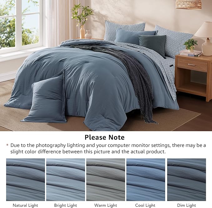 Monbix Full Size Comforter Set - 7 Pieces Oxford Blue Prewashed Bed in a Bag Full Bedding Sets with Comforters, All Seasons Ultra Soft Comforter Bed Set with Sheets,Pillowcases & Shams