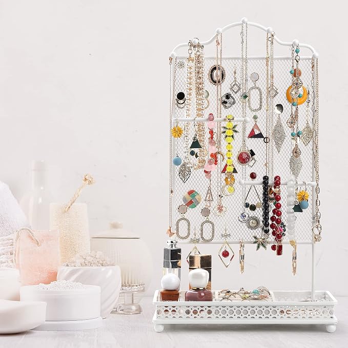Meangood Jewelry Organizer Stand, Earring Holder Rack for Hanging Earrings Necklace Bracelets Watches Jewelry Display Large Rings Storage as Women Gift (White) - Image 7